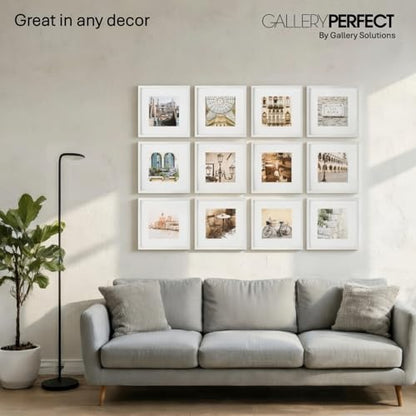 Gallery Perfect - 12-Piece White Square Photo Frame - Set with Hanging Template - Wall Gallery Kit - 16.5"x10.2"x16.7" - Square Wall Mount - Complete Set - Galley Wall - Picture Frame Set - color: White
