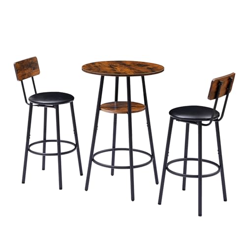 23.62” Diameter Round Bar Table Set for 2 with Storage Shelf, Counter Height Pub Table and Upholstered Bar Stools with Backrest, Small Round Kitchen Table for Small Spaces, Breakfast Nook Dining Table - color: Rustic Brown, style: Round w/ Upholstered Sto