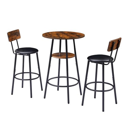 23.62” Diameter Round Bar Table Set for 2 with Storage Shelf, Counter Height Pub Table and Upholstered Bar Stools with Backrest, Small Round Kitchen Table for Small Spaces, Breakfast Nook Dining Table - color: Rustic Brown, style: Round w/ Upholstered Sto