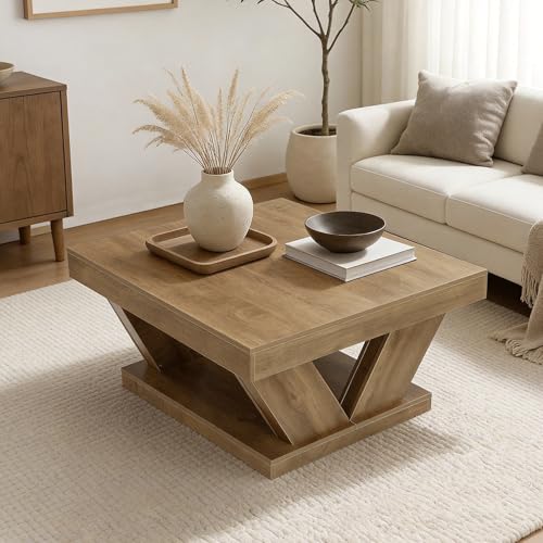 LITTLE TREE Coffee Table, Farmhouse Coffee Table with Large Storage Shelf, 2-Tier Rustic Wood Modern Center Table for Living Room, Home Office, Rustic Brown - color: Rustic Brown