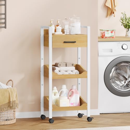 Hoctieon 3-Tier Rolling Storage Cart with Drawer, Rolling Utility Cart Organizer, Mobile Shelving Unit with Wheels, Metal Frame, Kitchen Utility Cart for Small Space, Office, Bathroom, Oak Beige - color: Oak Beige