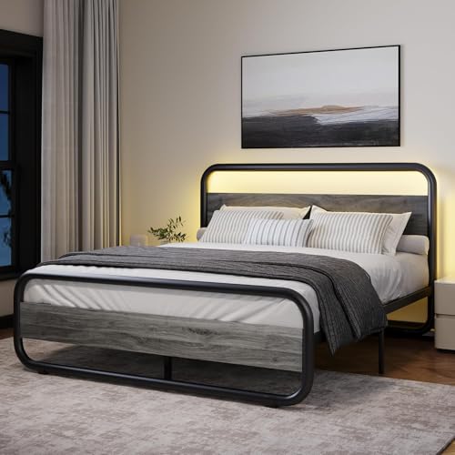 Full Size Bed Frame, Wood Headboard and Footboard, LED Lights, Grey | Metal Platform with Heavy Duty Metal Slats Support/12 in Under-Bed Storage/Noise-Free/No Box Spring Needed/Easy Assembly - color: Wash Gray, size: Full