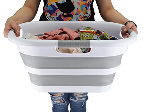 SAMMART 30L (7.9 gallon) Collapsible Plastic Laundry Basket - Foldable Pop Up Storage Container/Organizer - Portable Washing Tub - Space Saving Hamper/Basket (1, White/Grey) - color: White/Grey