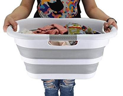 SAMMART 30L (7.9 gallon) Collapsible Plastic Laundry Basket - Foldable Pop Up Storage Container/Organizer - Portable Washing Tub - Space Saving Hamper/Basket (1, White/Grey) - color: White/Grey