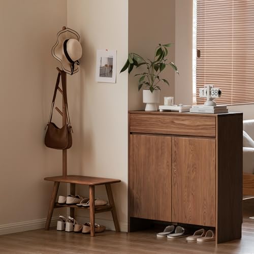 KEIKI Hall Tree with Shoe Bench and Cloth Hanger, Solid Wood Coat Rack, Narrow Mudroom Storage Organizer for Entryway, Bedroom, Walnut - color: Brown