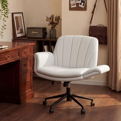 Dowinx Criss Cross Chair with Five-Level Adjustable Arms and Wheels - Comfortable Ergonomic PU Leather Swivel Vanity Chair - Computer Makeup Gaming Chair for Home Office, Bedroom, Vanity Room (Beide) - color: Cream White