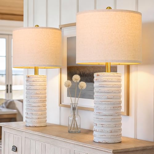 PoKat 27'' Tall Table Lamps for Living Room, Farmhouse Bedside Lamps Set of 2 for Bedroom, Rustic Ceramic Nightstand Lamps with Linen Lampshade Distressed Design for Office Entryway Hallyway (White) - color: 27'' Tall - White