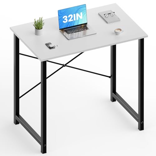 OLIXIS 32-Inch Small Computer Desk for Home Office, Morden White | Gaming Writing Work and Study Desk for Bedroom, Sturdy Metal Frame, Compact Modern Design