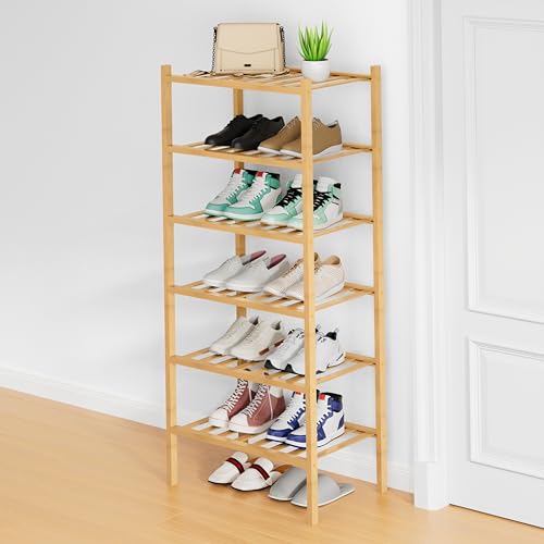 Smiry Bamboo Shoe Rack, 12 Vertical Slats, 6 Tier - 17.3" Wide, Natural | Stackable Free Standing Wooden Shoe Organizer, Wood Shoe Storage Shelf for Closet, Entryway - color: Natural, size: 17.32" Wide - 6 Tier - Regular