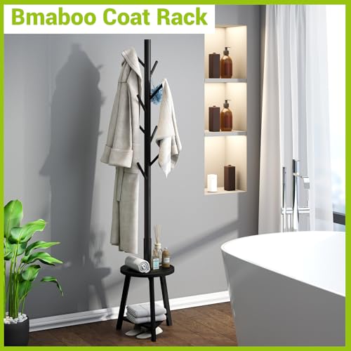 BMOSU Coat Rack freestanding Stand with Shelf Bamboo Wooden Coat Tree Easy Assembly 8 Hooks Standing Jackets Hanger Hallway Office Floor Coat Stand Black - color: BLACK