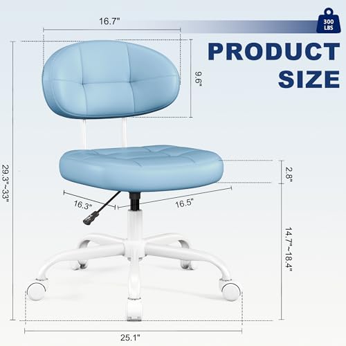 Misolant Vanity Chair with Back, Small Armless Cute Office Chair with Wheels and Lumbar Support, Comfy PU Leather Desk Computer Chairs with Adjustable Height, 360°Swivel for Home Bedroom Office, Blue - color: Blue