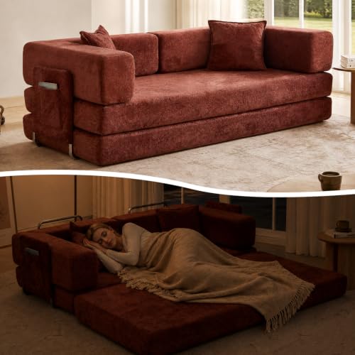 79" Boneless Couch for Living Room, Futon Sleeper Sofa Bed | Convertible Sofa Bed, Velvet Pull Out Couch Loveseat with Storage Pocket, Modular Design, No Assembly, Orange - color: Orange, size: 79inch