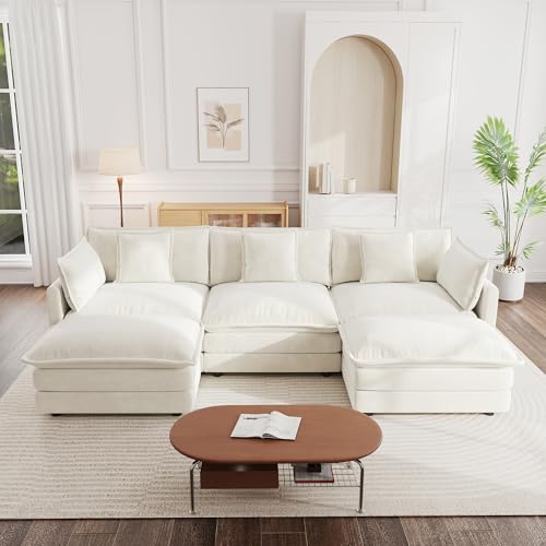 Modular Sectional Sofa, 111.5 Inch U Shaped Couch Set for Living Room, 3-Seater Comfy Cloud Couches with Movable Ottoman, DIY Combination, Chenille, Beige - color: Beige, size: 111.5 Inch- U