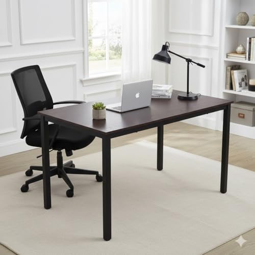 47 inch Large Computer Desk Wood, Modern Simple Style Desk for Home Office, Bedroom, Study Student Writing Desk, Small Spaces, Black Metal Frame, Dark Walnut Top - color: Dark Walnut, size: 47"