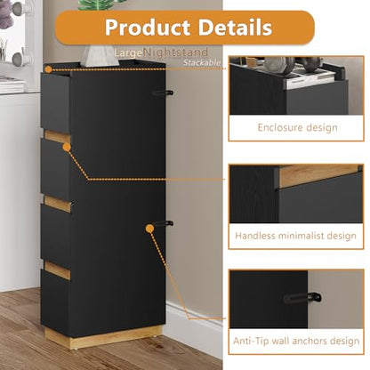 Narrow Night Stands, Modern Slim Nightstand Set of 2, Wooden Skinny Bedside Table 2 Drawers, Stackable Narrow Side Table with Drawers for Small Spaces, Bedroom, Living Room, Black - color: Black (2pcs)
