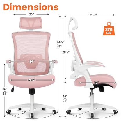 NEO CHAIR Office Desk Chair with Ergonomic High Back Mesh Headrest, Pink | Adjustable Headrest and Lumbar Support with Flip-Up Armrests Designed for Extended Sitting Comfort While Saving Space - color: Pink