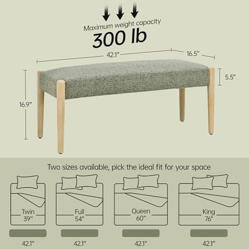 Usaint 42" End of Bed Bench with Wood Legs, Green with Oak Leg | Modern Upholstered Bedroom Bench with Rubberwood Legs, Entryway Bench with Cushion, Dining Bench for Living Room, Bedroom - color: Green With Oak Leg