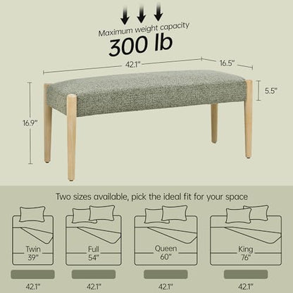 Usaint 42" End of Bed Bench with Wood Legs, Green with Oak Leg | Modern Upholstered Bedroom Bench with Rubberwood Legs, Entryway Bench with Cushion, Dining Bench for Living Room, Bedroom - color: Green With Oak Leg