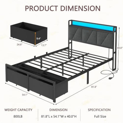 Full Size Bed Frame with 2 Storage Drawers & Upholstered Headboard | Metal Platform Bed with Storage Shelf, Charging Station, LED Lights and Heavy-Duty slats, No Spring Box Needed, Noise-Free - size: Full, style: Bed Frame with Drawer