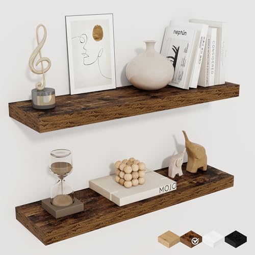 Fun Memories Floating Shelves for Wall, 24" Rustic Wood Deep Wall Mounted Shelves with Invisible Brackets for Decor & Storage, Floating Shelf for Living Room, Bathroom (Rustic Brown, Set of 2) - color: Rustic Brown, size: 24"W x 6.5"D, 2Packs