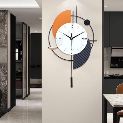 FILLOVE Large Decorative Wall Clock with Pendulum for Living Room, Metal Hands, Orange Accent White Dial, Silent Metal Wall Clock for Living Room, Bedroom, Study, Office - color: Black&orange
