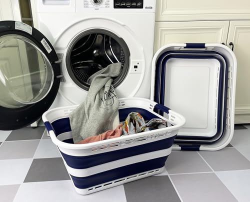 SAMMART 42L (11 Gallons) Collapsible Plastic Laundry Basket - Foldable Pop Up Storage Container/Organizer - Portable Washing Tub - Space Saving Hamper/Basket [BPA Free] (White/Starry Blue (Set of 2)) - color: White/Starry Blue (Set of 2)