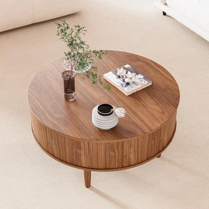 둥근 세로로 홈이 있는 리프트 탑 커피 테이블, 보관 공간이 있는 미드 센추리 모던 커피 테이블, 거실, 가정용 작은 공간, 80cm(31.5인치) 세로로 홈이 있는 중앙 테이블 (월넛, 80cm(31.5인치)) - color: 호두., size: 31.5inch