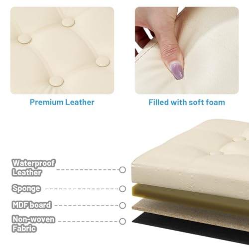 Bsketa Storage Ottoman Bench,17 Inch Folding Leather Foot Rest Stool, Beige | Small Ottoman with Side Pockets, Thicker Foam Padded Seat, Livingroom, Dorm, Bedroom, Easy to install, 43L,17x13x13in - color: Beige-with Side Pockets..