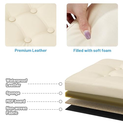 Bsketa Storage Ottoman Bench,17 Inch Folding Leather Foot Rest Stool, Beige | Small Ottoman with Side Pockets, Thicker Foam Padded Seat, Livingroom, Dorm, Bedroom, Easy to install, 43L,17x13x13in - color: Beige-with Side Pockets..