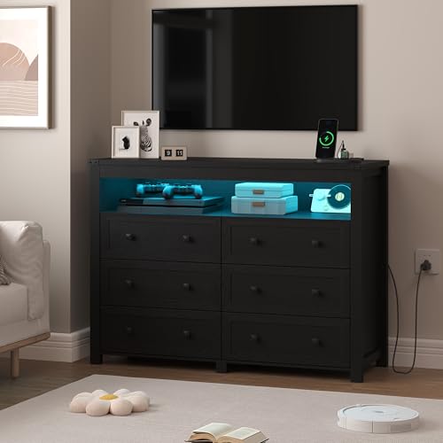 Black Dresser 6 Drawer Dressers for Bedroom with LED Lights, Charging Station, Wood Chest of Drawers with Metal Handles, Modern TV Stand Storage Cabinet for Living Room, Hallway, Entryway - color: Black, style: LED 6 Drawers