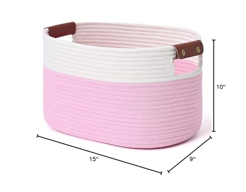 ECDYQXVU 15x10x9 Woven Cotton Rope Storage Basket, Leather Handles 1 Pack | Foldable Design, Sturdy PU Handles, Easy to Clean Organizer for Living Room, Closet, Shelves, Bedroom, Laundry, Clothes - color: White/Pink-1Pack, size: 1 Pack