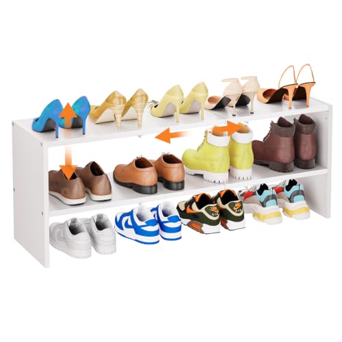 X-cosrack White Stackable Shoe Rack for Closet, Expandable 31.6-39.4 Inches 2-Tier Wooden & Metal Shoe Storage Shelf, Free Standing Shoe Rack for Entryway Bedroom Small Space - size: 1Pack 2 Tier Extended