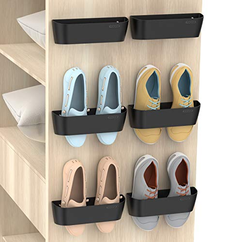 Wall Mounted Shoes Rack 6Pack with Sticky Hanging Strips, Plastic Shoes Holder Storage Organizer,Door Shoe Hangers (SM03-Black-6) - color: SM03-Black-6