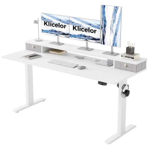 Klicelor 63 x24 Inch Electric Standing Desk with Drawers, Adjustable Height Small Sit Stand Desk for Home Office, Compact Computer Workstation with Storage– White - color: White, size: 63 x 24 Inch