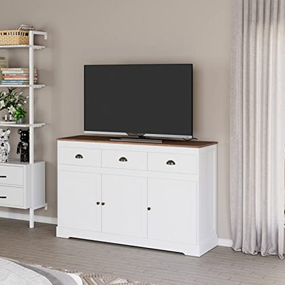 White Buffet Cabinet Storage Sideboard Farmhouse Server Bar Wine Cabinet with 3 Drawers & 3 Doors Adjustable Shelves Console Table for Dining Living Room Kitchen Cupboard - size: 15.6"D x 53.5"W x 34.1"H