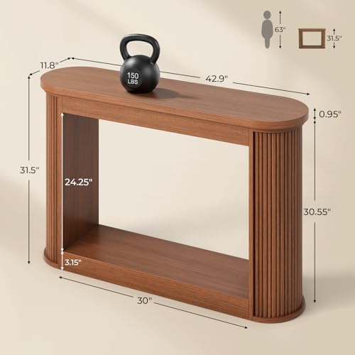 43" Oval Fluted Console Table, Mid-Century Modern Narrow Skinny Entryway Table with Open Storage Shelf, Sofa Table Behind Couch for Hallway Foyer Living Room, Walnut Brown