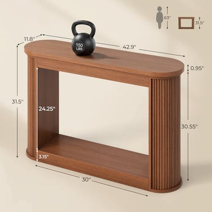 43" Oval Fluted Console Table, Mid-Century Modern Narrow Skinny Entryway Table with Open Storage Shelf, Sofa Table Behind Couch for Hallway Foyer Living Room, Walnut Brown