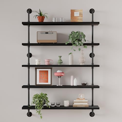 HDDFER Floating Shelves for Wall Living Room Shelves Bookshelf Industrial Pipe Shelving Shelf Real Wood Planks 36 inch Rustic Wall Shelves Hanging Bookshelves Farmhouse Kitchen Bar Shelving - color: Black, size: 5Tier36in