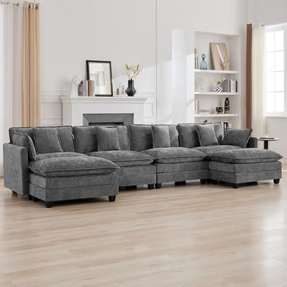 147'' Sectional Cloud Deep Seat Couch, Oversized Chenille U Shaped Sectional Sofa for Living Room Set, Comfy Upholstered Modular Sectional Sofa Couch with 2 Movable Ottoman, Grey - color: Grey, size: 147'' U Shape