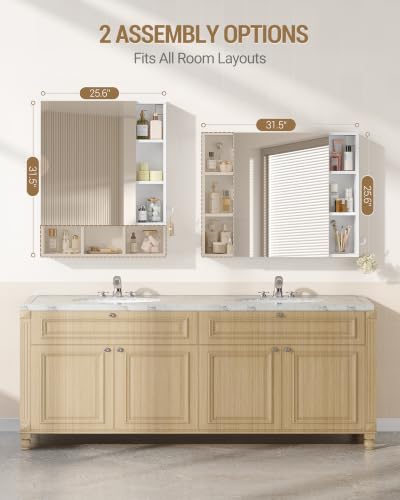 Hzuaneri Bathroom Cabinet with Mirror, Wall Cabinet with Storage Space | Wall Mounted with Reversible Install Storage Space,6 Open Compartments,3 Hidden Storage Shelves,Hooks,6.5"Dx25.6"Wx 31.5"H