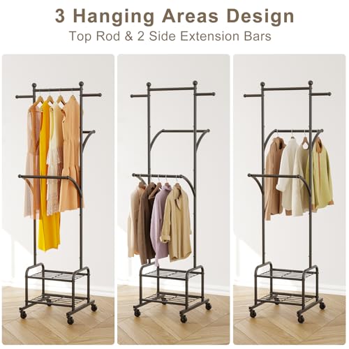 Rolling Clothes Rack with 2 Shelves, Small Metal Clothing Rack with Wheels | Gasvadivum 71" Tall Sturdy Garment Rack with 3 Hanging Rods, Freestanding Portable Coat Rack for Bedroom, Entryway, Black - color: Black
