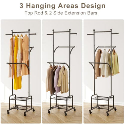 Rolling Clothes Rack with 2 Shelves, Small Metal Clothing Rack with Wheels | Gasvadivum 71" Tall Sturdy Garment Rack with 3 Hanging Rods, Freestanding Portable Coat Rack for Bedroom, Entryway, Black - color: Black