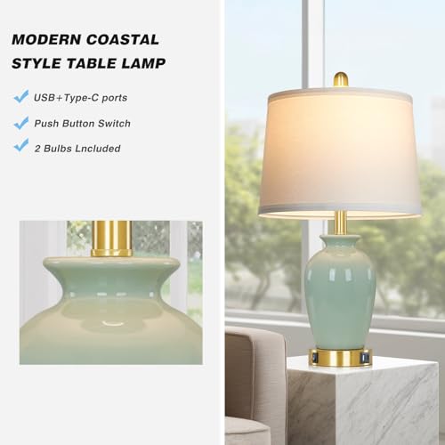 23" Set of 2 Olive Green Ceramic Table Lamp with Pot Design, Bedside USB Lamps for Living Room,Dining Room,Bedroom,Office,Nightstand,End Table - color: Green