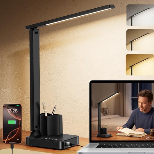 LED Desk Lamp USB A/C AC Pen Holder Dorm Home Office Desk Light Black | Adjustable LED Desk Light with USB A/C, AC Outlet, Pen Holder; Small Desk Lamp for Dorm, Study, Craft & Home Office - color: Black