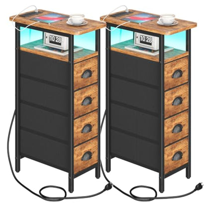 sthmec Nightstand Set 2 with Charging Station, Narrow End Table Set of 2 with 4 Drawers, LED Side Table with Fabric Drawers,Slim Sofa Couch Tables for Small Spaces,Living Room,Bedroom,Rustics Brown - color: Rustic Brown, style: Power & LED