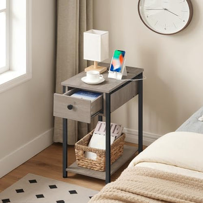 HOOBRO End Table with Charging Station, Narrow Side Table, Small Nightstand, Bedside Tables with Drawer and Storage Shelves, for Small Spaces, Living Room, Bedroom, Greige and Black BG041BZ01G1 - color: Greige+black