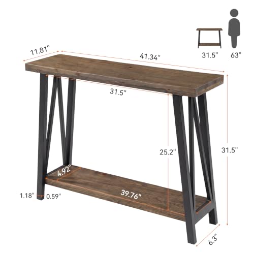 Tribesigns 41.3" Live Edge Solid Wood Console Table, Industrial 2-Tier Entryway Table with Sturdy Metal Frame, Narrow Sofa Accent Table with Storage Shelf for Living Room Hallway Foyer, Brown & Black