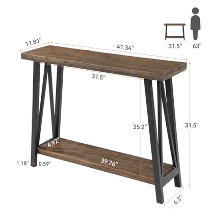 Tribesigns 41.3" Live Edge Solid Wood Console Table, Industrial 2-Tier Entryway Table with Sturdy Metal Frame, Narrow Sofa Accent Table with Storage Shelf for Living Room Hallway Foyer, Brown & Black