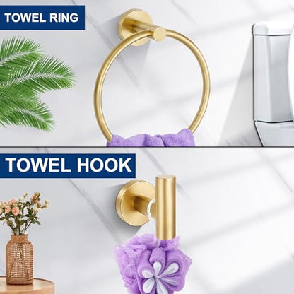 5 Pieces Bathroom Hardware Accessories Set Brushed Gold, 24Inch Bathroom Towel Rack Set SUS304 Stainless Steel, Round Toilet Paper Holder with Shelf Heavy Duty, Wall Mounted - color: Brushed Gold, size: 5 Pieces 24" A