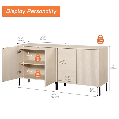WAMPAT 63" W Fluted TV Stand TVs up to 70",2 in 1 Modern TV Entertainment Center with Storage and Adjustable Shelves, Wood Media TV Consoles Table with Storage for Living Room, Beige - color: Beige, size: 63" W
